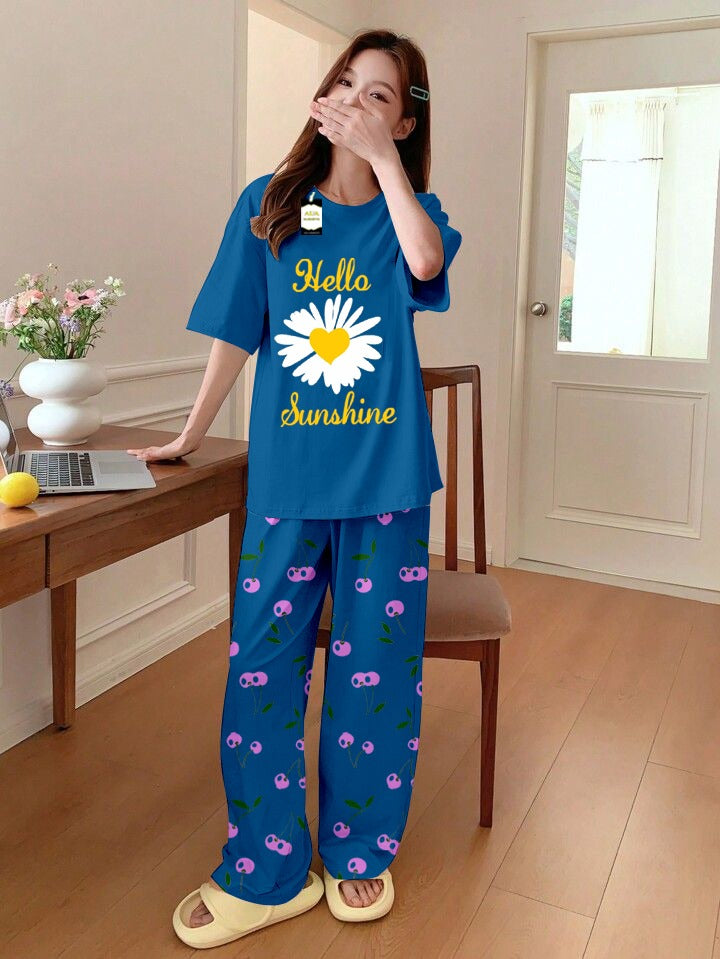 AQUA BLUE SUNFLOWER Printed Nightwear Set With Cherry Printed Printed Trousers – Women's Lounge Wear (014)
