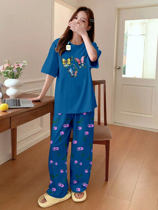 AQUA BLUE MULTI BUTTERFLY Printed Nightwear Set With Cherry Printed Printed Trousers – Women's Lounge Wear (014)