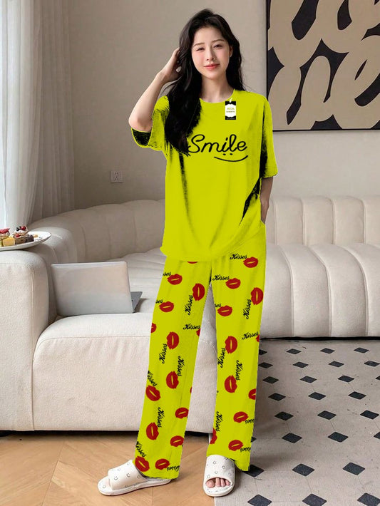 Green Smile Printed Nightwear Set With Kiss Printed Trousers – Women's Lounge Wear (014)