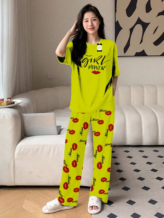 Green Girl Power Printed Nightwear Set With Kiss Printed Trousers – Women's Lounge Wear (014)