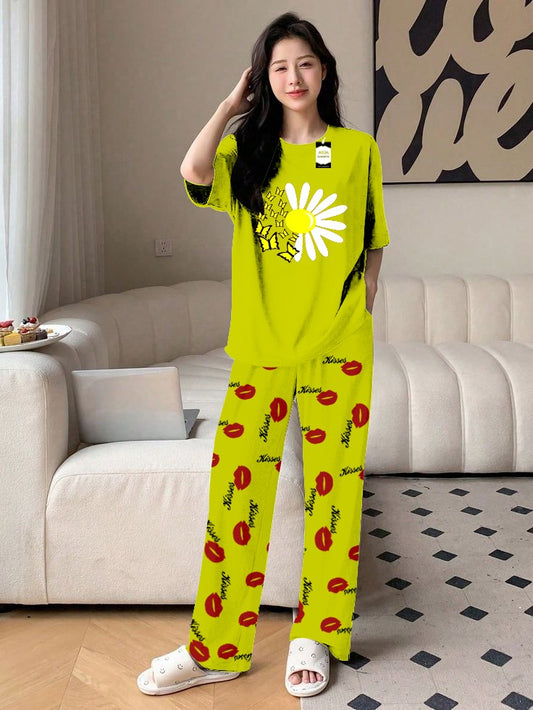 Green SunFlower Printed Nightwear Set With Kiss Printed Trousers – Women's Lounge Wear (014)