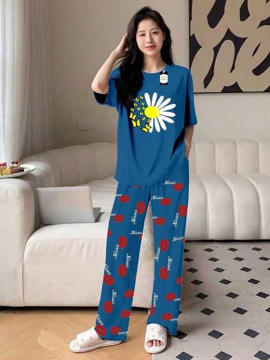 Blue Sunflower Printed Nightwear Set With Kiss Printed Trousers – Women's Lounge Wear (014)
