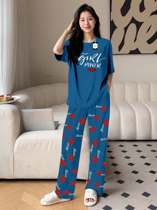 Blue Girls Power Printed Nightwear Set With Kiss Printed Trousers – Women's Lounge Wear (014)