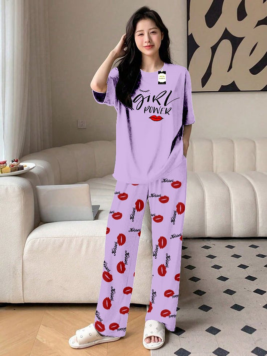 Purple Girls Power Printed Nightwear Set With Kiss Printed Trousers – Women's Lounge Wear (014)