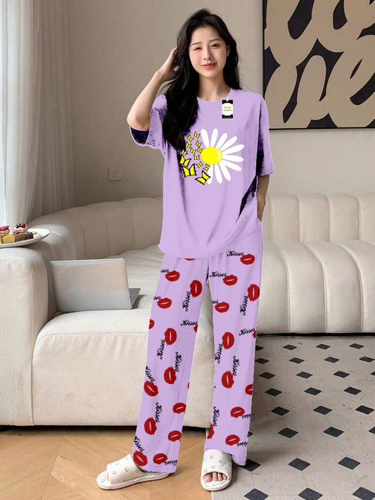 Purple Sunflower Printed Nightwear Set With Kiss Printed Trousers – Women's Lounge Wear (014)