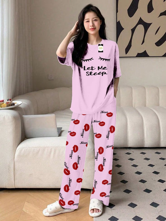 bay pink Let Me Sleep Printed Nightwear Set With Kiss Printed Trousers – Women's Lounge Wear (014)