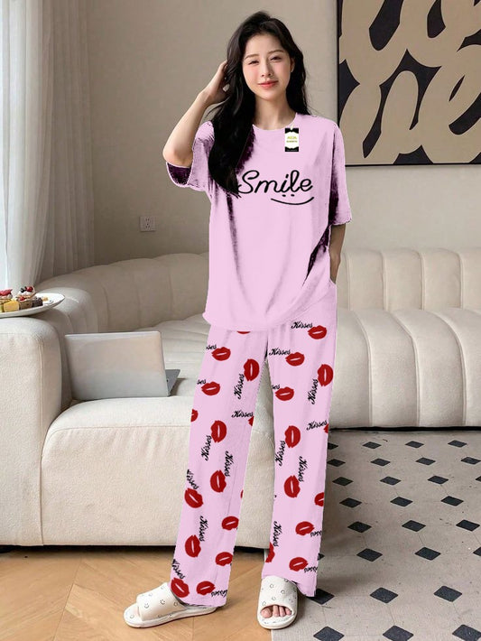 Baby Pink Smile Printed Nightwear Set With Kiss Printed Trousers – Women's Lounge Wear (014)