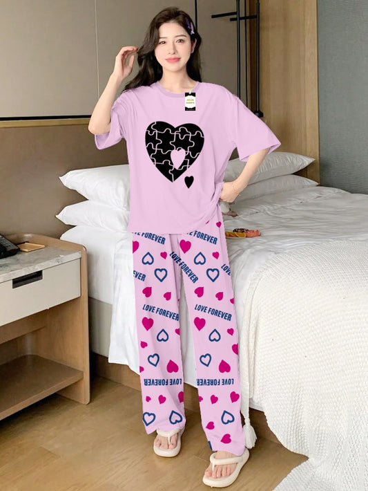 Baby Pink Puzzel Heart Printed Nightwear Set With Love Forever Printed Trousers – Women's Lounge Wear (013)