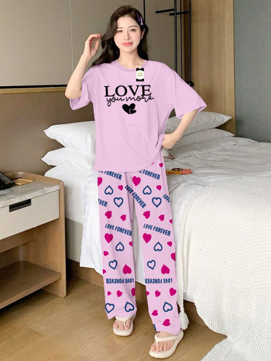 Baby Pink Love Printed Nightwear Set With Love Forever Printed Trousers – Women's Lounge Wear (013)