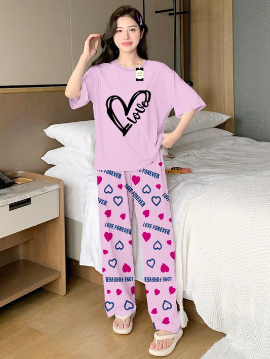 baby pink Love Heart Printed Nightwear Set With Love Forever Printed Trousers – Women's Lounge Wear (013)