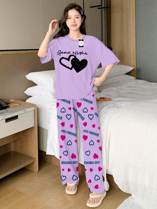 Purple Double Heart Printed Nightwear Set With Love Forever Printed Trousers – Women's Lounge Wear (013)