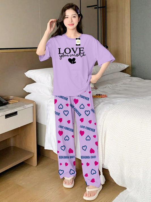 Purple Love Printed Nightwear Set With Love Forever Printed Trousers – Women's Lounge Wear (013)