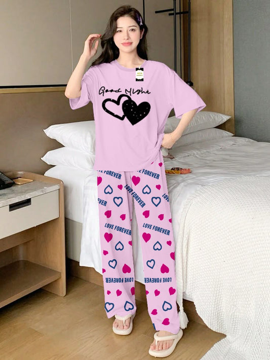 Baby pink Double Heart Printed Nightwear Set With Love Forever Printed Trousers – Women's Lounge Wear (013)