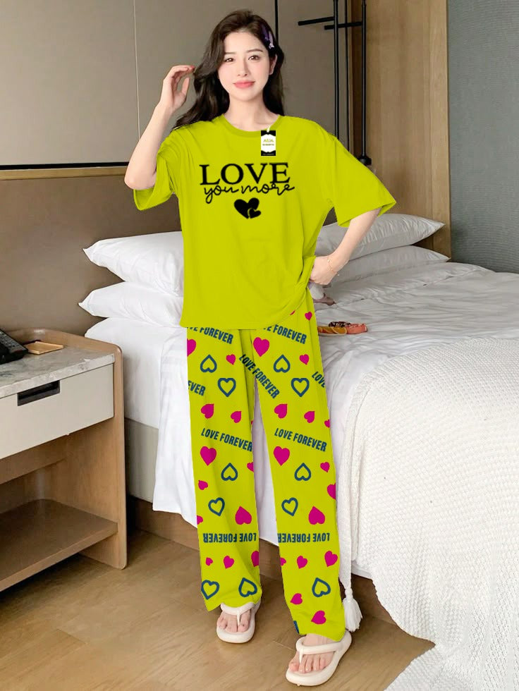 Green Love Printed Nightwear Set With Love Forever Printed Trousers – Women's Lounge Wear (013)