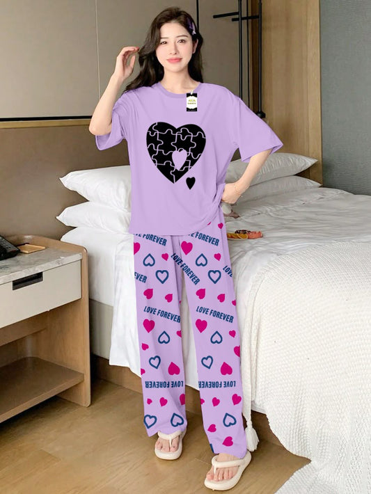Purple Puzzel Heart Printed Nightwear Set With Love Forever Printed Trousers – Women's Lounge Wear (013)
