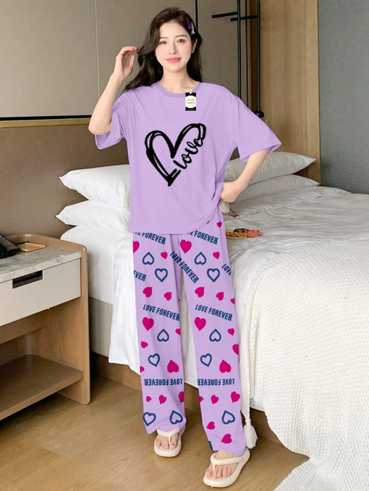 purple Love Heart Printed Nightwear Set With Love Forever Printed Trousers – Women's Lounge Wear (013)