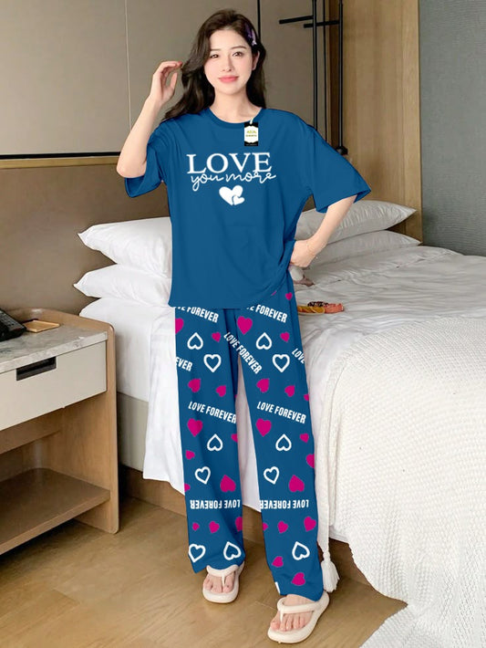 Aqua blue Love Printed Nightwear Set With Love Forever Printed Trousers – Women's Lounge Wear (013)