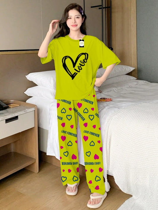 Green Love Printed Nightwear Set With Love Forever Printed Trousers – Women's Lounge Wear (013)