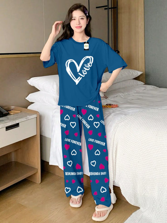 Aqua Blue Love Heart Printed Nightwear Set With Love Forever Printed Trousers – Women's Lounge Wear (013)
