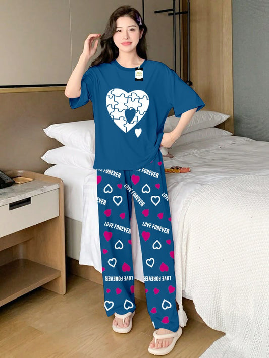 Aqua Blue Puzzel Heart Printed Nightwear Set With Love Forever Printed Trousers – Women's Lounge Wear (013)