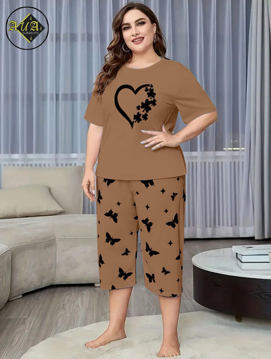 Beige Women Heart Printed Half-Sleeved Vest For Leisure Home Wear Female Sleepwear Night Dress By Aua garments