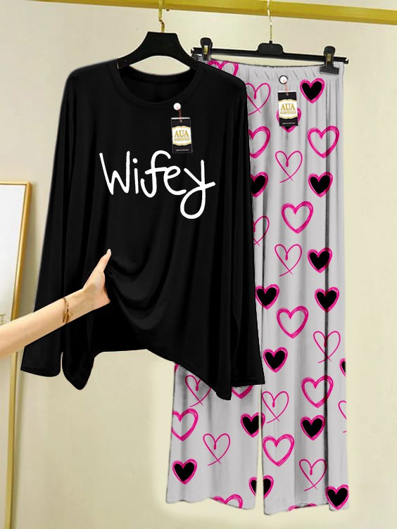 Wifey Printed Lounge wear Nightwear Sleepwear With Heart Prinred Trouser For Women By Auagarments