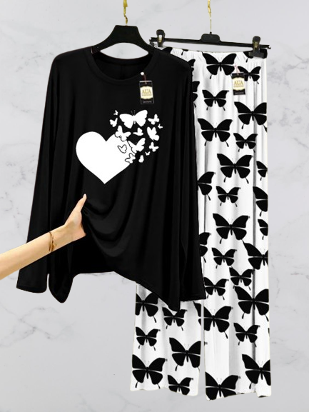 Black Butterfly Heart Printed Nightwear Set with Butterfly Printed Trousers – Women's Lounge Wear (003)