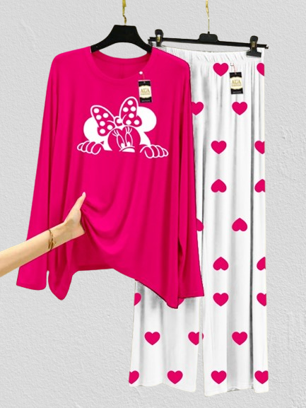 Dark Pink MIckey Face Mini Heart Printed Trouser (001)