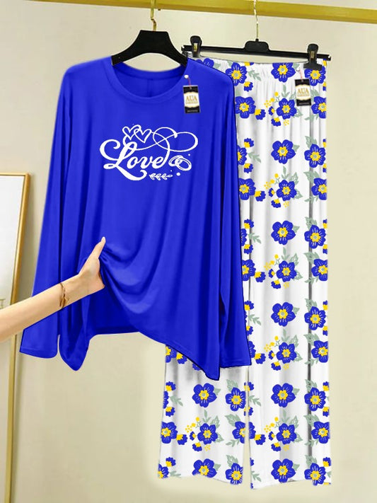 Blue Love Heart Printed Nightwear Set with Flower Printed Trousers – Women's Lounge Wear (005