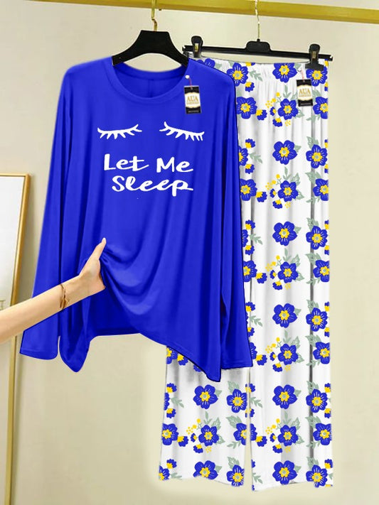 Blue Let Me Sleep Printed Nightwear Set with Flower Printed Trousers – Women's Lounge Wear (005