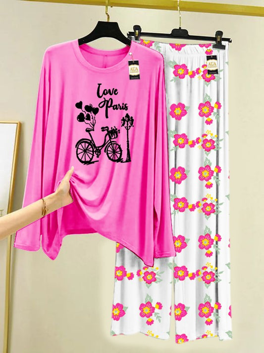 PInk Love Paris Cycle Printed Nightwear Set with Flower Printed Trousers – Women's Lounge Wear (005)