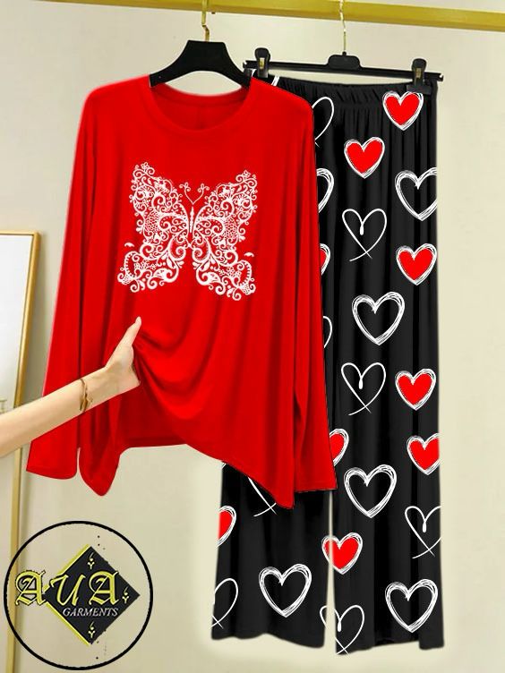 RED BUTTERFLY Heart Printed Trouser Lounge wear Nightwear Sleepwear With Heart Prinred Trouser For Women By Auagarments (004)