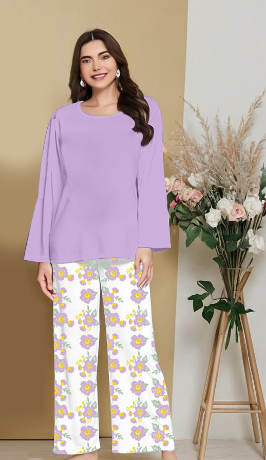 Plain Purple Nightwear Set with Flower Printed Trousers – Women's Lounge Wear