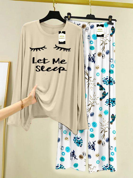 LIGHT GREY LET ME SLEEP Printed Nightwear Set with Tree Flower Printed Trousers – Women's Lounge Wear (009)