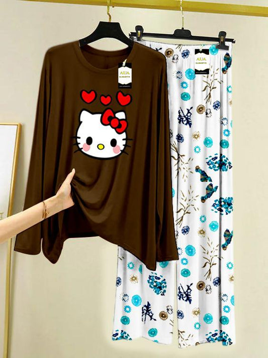 BROWN KITTY Printed Nightwear Set with Tree Flower Printed Trousers – Women's Lounge Wear (009)