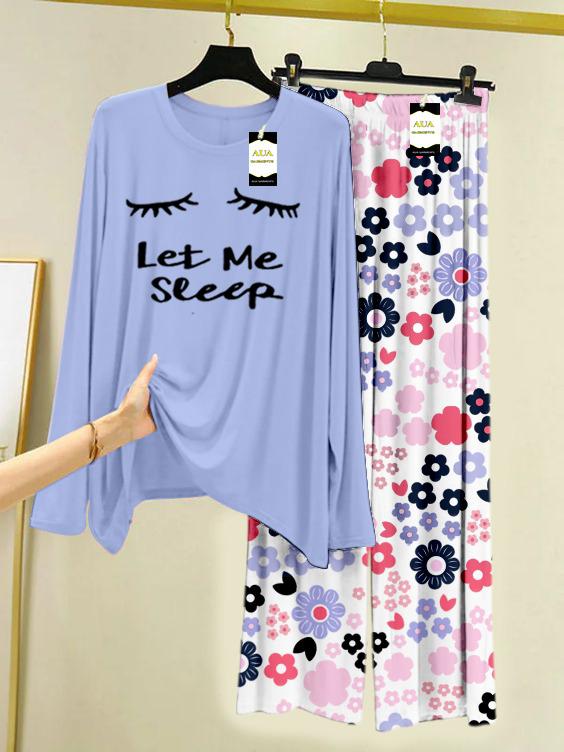 Light Blue Let Me Sleep  Printed Nightwear Set with White Flower Printed Trousers – Women's Lounge Wear (008)