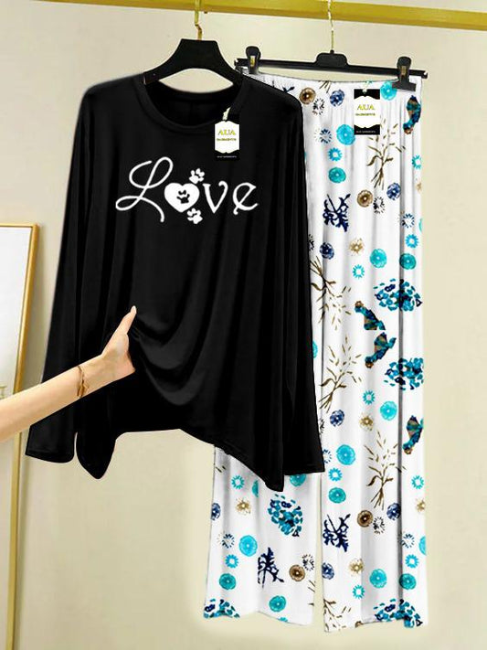 BLACK LOVE Printed Nightwear Set with Tree Flower Printed Trousers – Women's Lounge Wear (009)