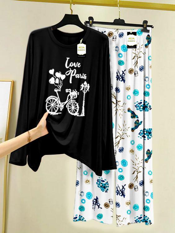 BLACK CYCLE Printed Nightwear Set with Tree Flower Printed Trousers – Women's Lounge Wear (009)