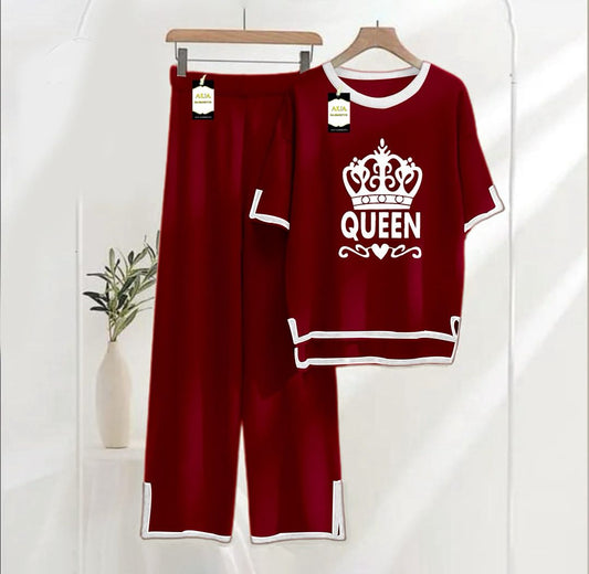 Women's Maroon Queen Printed Nightwear Set - Soft Summer Jersey Fabric, Short Sleeves, Contrast Piping Turkish Style | Comfortable Sleepwear by AUA Garments