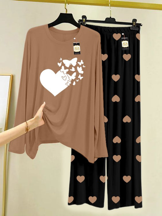 LIGHT BROWN FLYING BUTTERFLY HEART Printed Nightwear Set with Black Mini Heart Printed Trousers – Women's Lounge Wear (006)