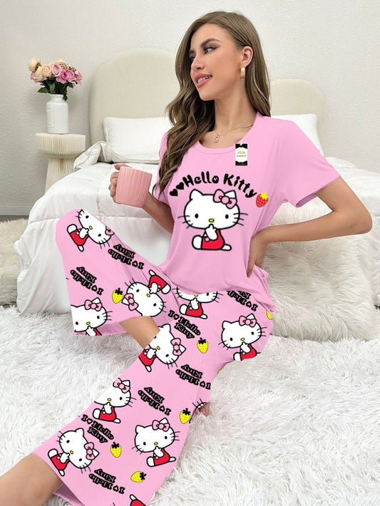 Pink Hello Kitty 2-Piece Loungewear Set – T-Shirt, Pajama & Shorts | Cute Cartoon Sleepwear for Women