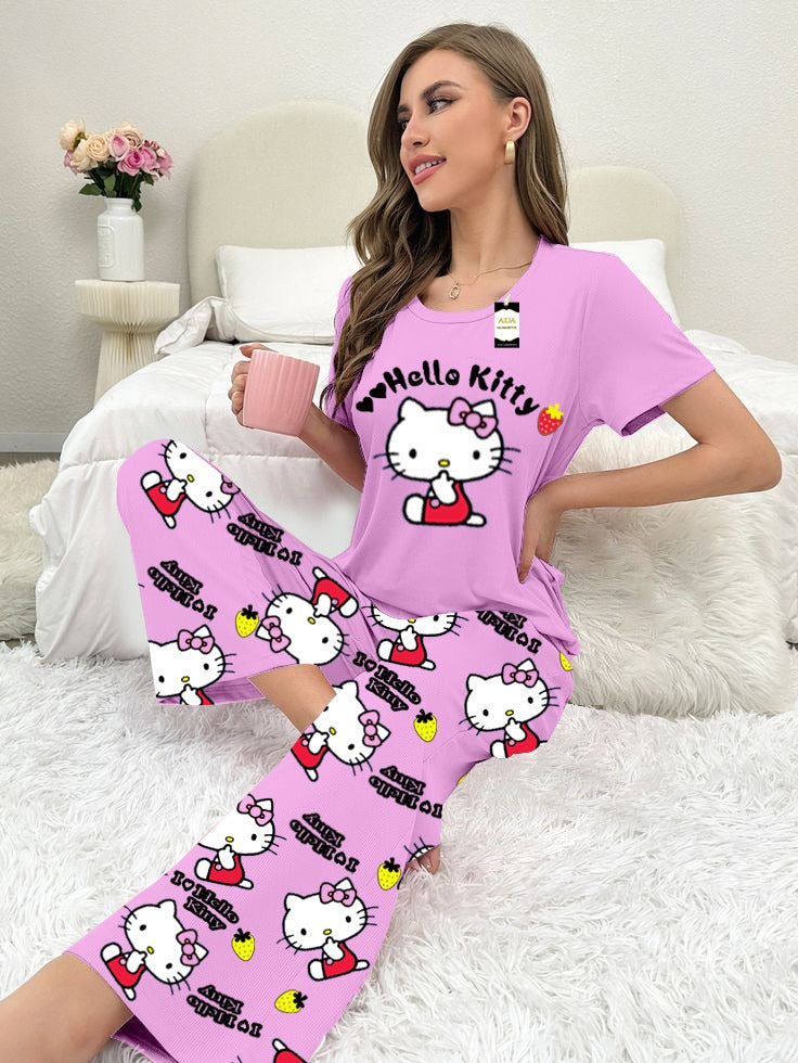 Purple Hello Kitty 2-Piece Loungewear Set – T-Shirt, Pajama & Shorts | Cute Cartoon Sleepwear for Women