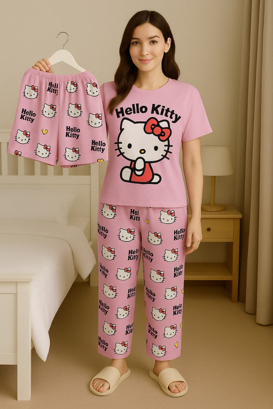 Pink Hello Kitty 3-Piece Loungewear Set – T-Shirt, Pajama & Shorts | Cute Cartoon Sleepwear for Women