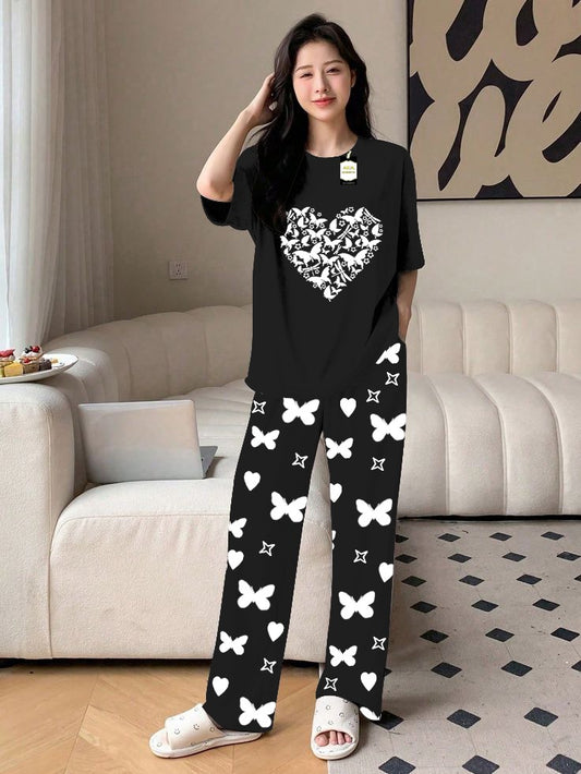 Black Butterfly Heart Printed Nightwear Set With Star Butterfly Printed Trousers – Women's Lounge Wear (010)
