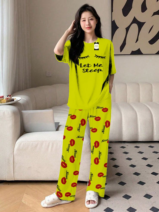 Green Let Me Sleep Printed Nightwear Set With Kiss Printed Trousers – Women's Lounge Wear (014)