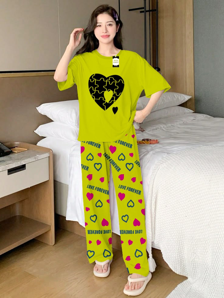 Green Puzzel Heart Printed Nightwear Set With Love Forever Printed Trousers – Women's Lounge Wear (013)