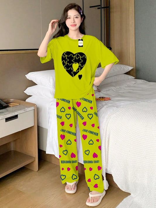 Green Puzzel Heart Printed Nightwear Set With Love Forever Printed Trousers – Women's Lounge Wear (013)