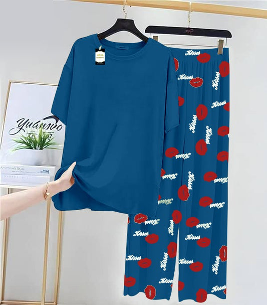 Plan Aqua Blue Printed Nightwear Set With Kiss Printed Trousers – Women's Lounge Wear (014)