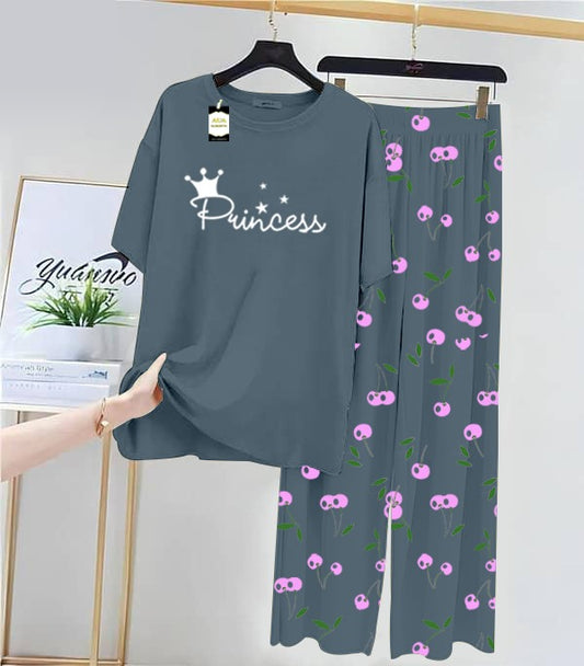 AQUA BLUE PRINCESS Printed Nightwear Set With Cherry Printed Printed Trousers – Women's Lounge Wear (014)