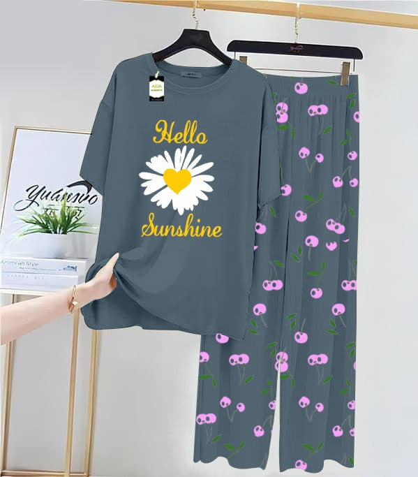 AQUA BLUE SUNFLOWER Printed Nightwear Set With Cherry Printed Printed Trousers – Women's Lounge Wear (014)